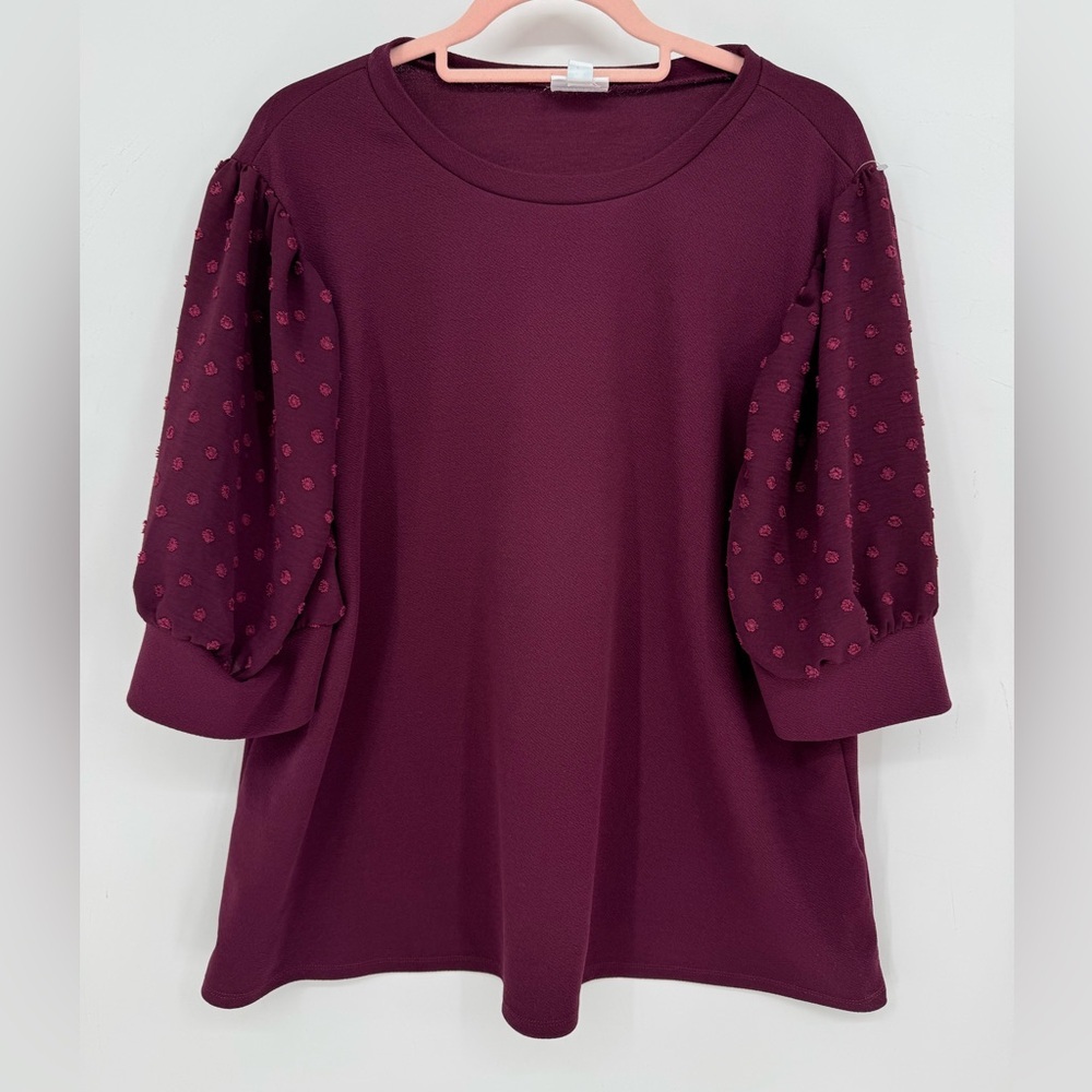 LuLaRoe Moriella Burgundy Women's Top with Sheer Dotted Puff Sleeves Size 2X